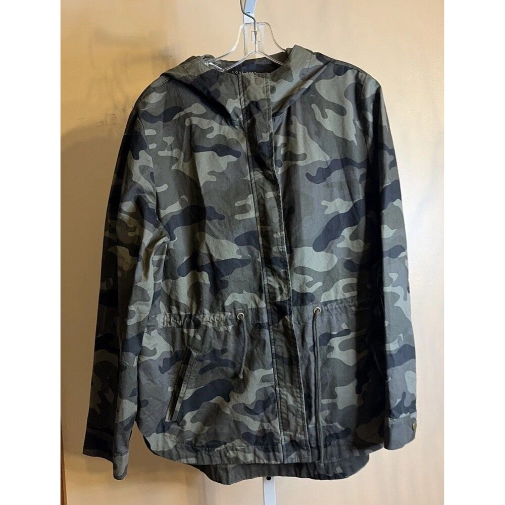 Love Tree Fall Camo Jacket Military Grunge Style Women L Camouflage Hood Belt